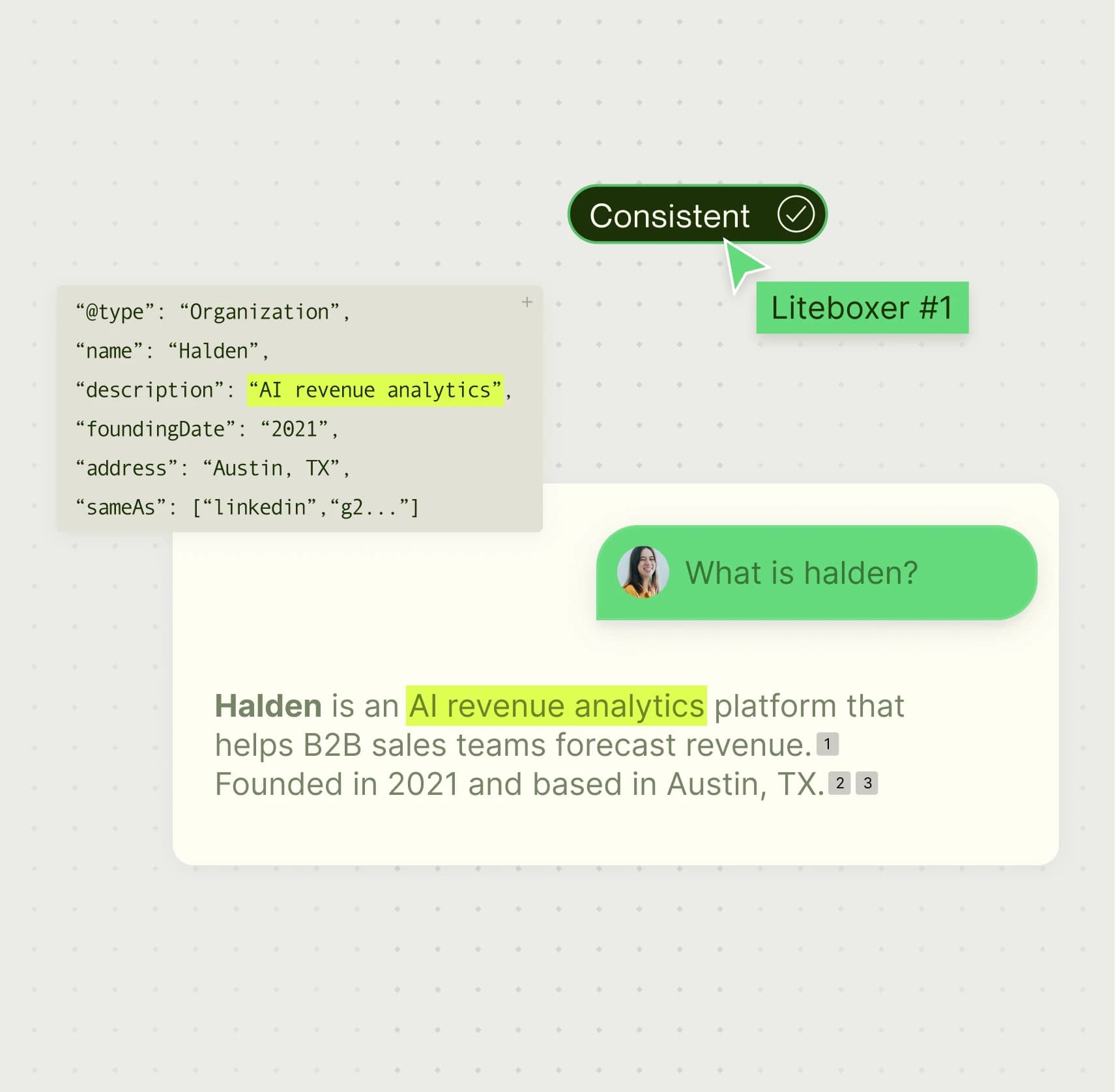 Organization structured data marked consistent, next to an AI answer describing the company in the same words