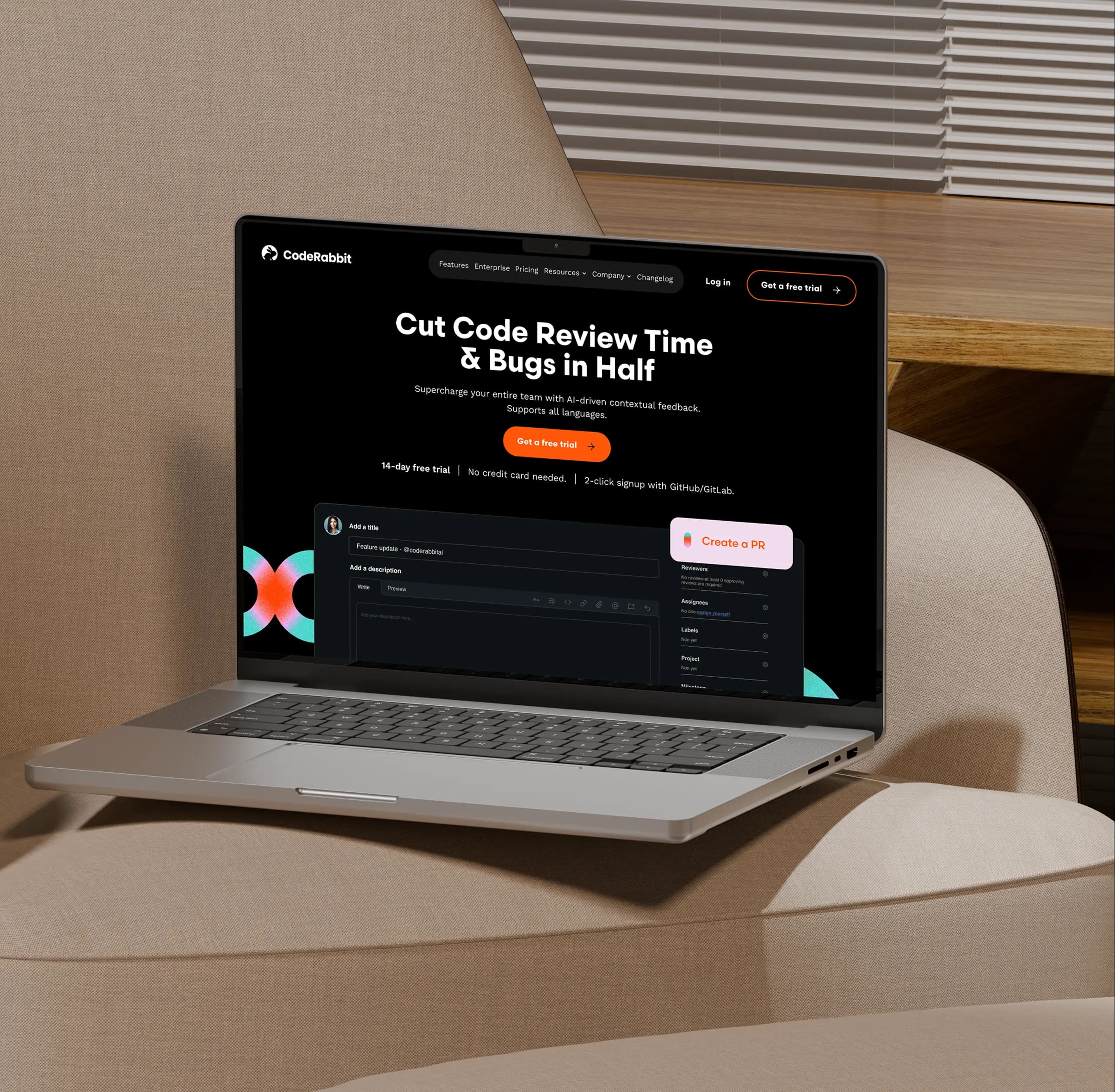 Coderabbit laptop saas landing page code review hero