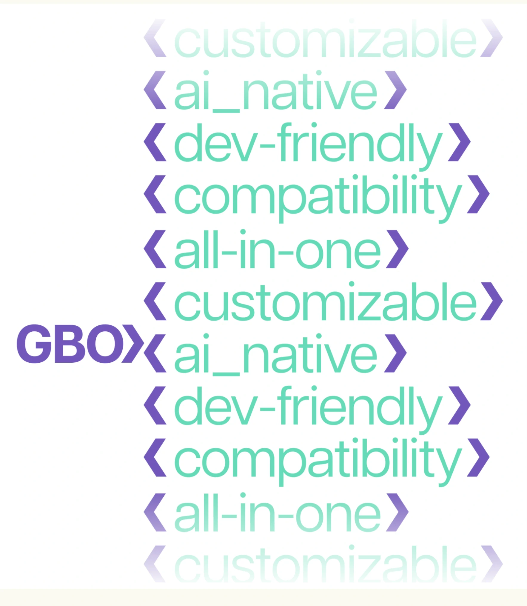 Animated marquee of bracketed GBOX brand keywords: customizable, ai_native, dev-friendly, compatibility, all-in-one