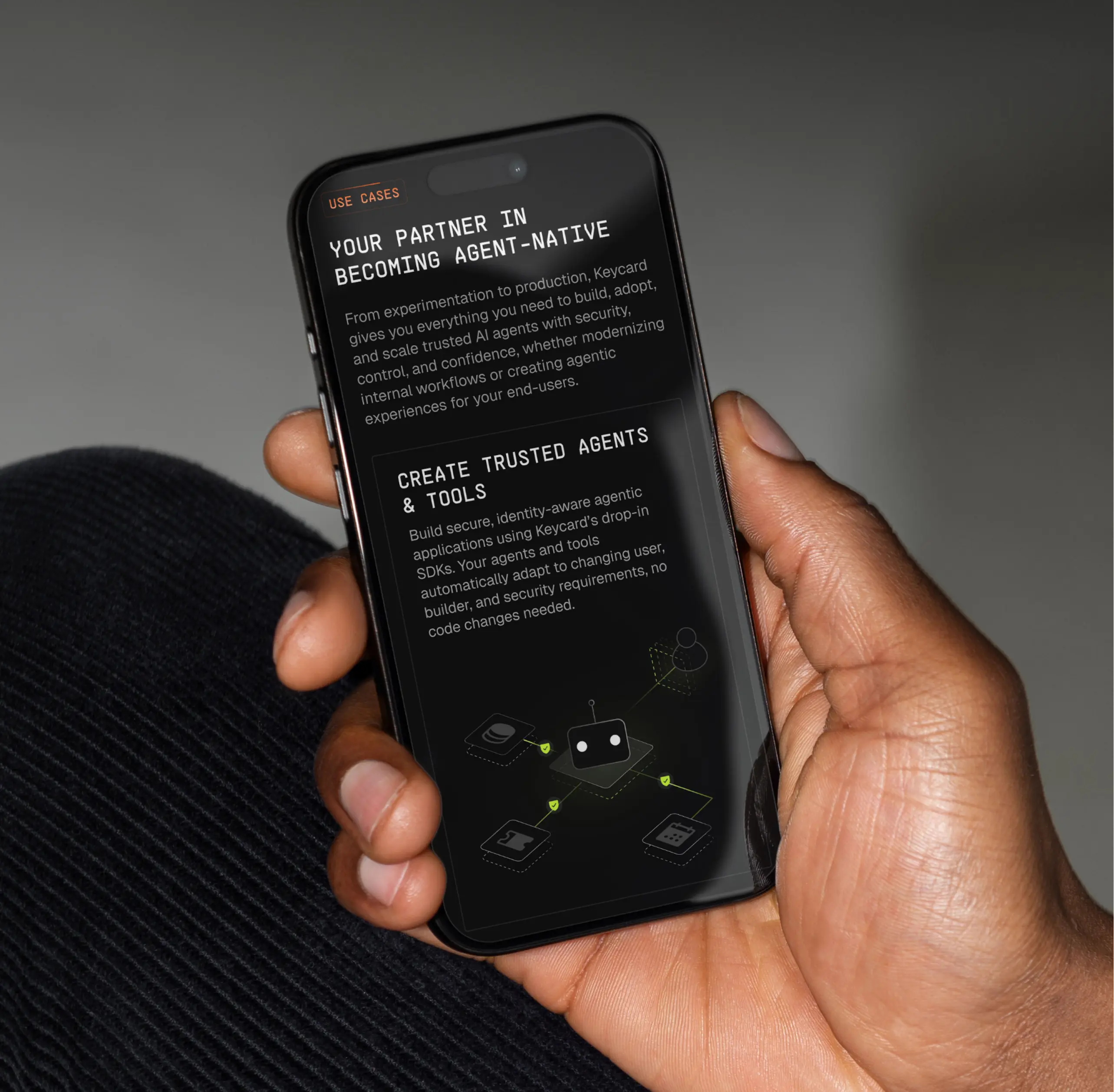 Keycard mobile agent native product page hand holding phone