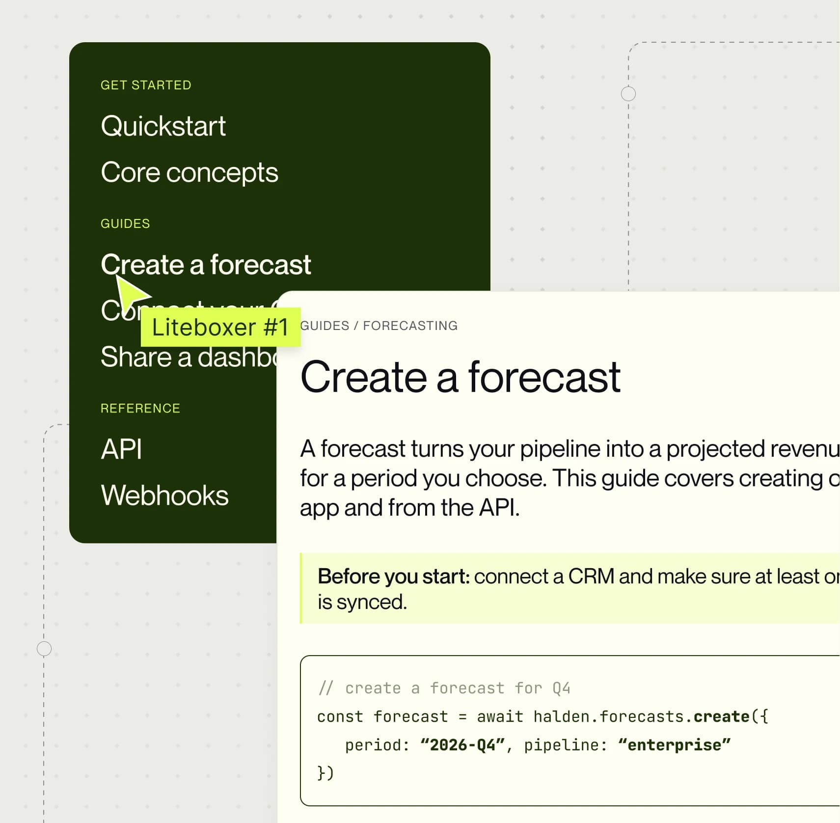 Product documentation page explaining how to create a forecast, with its guide navigation and a code sample