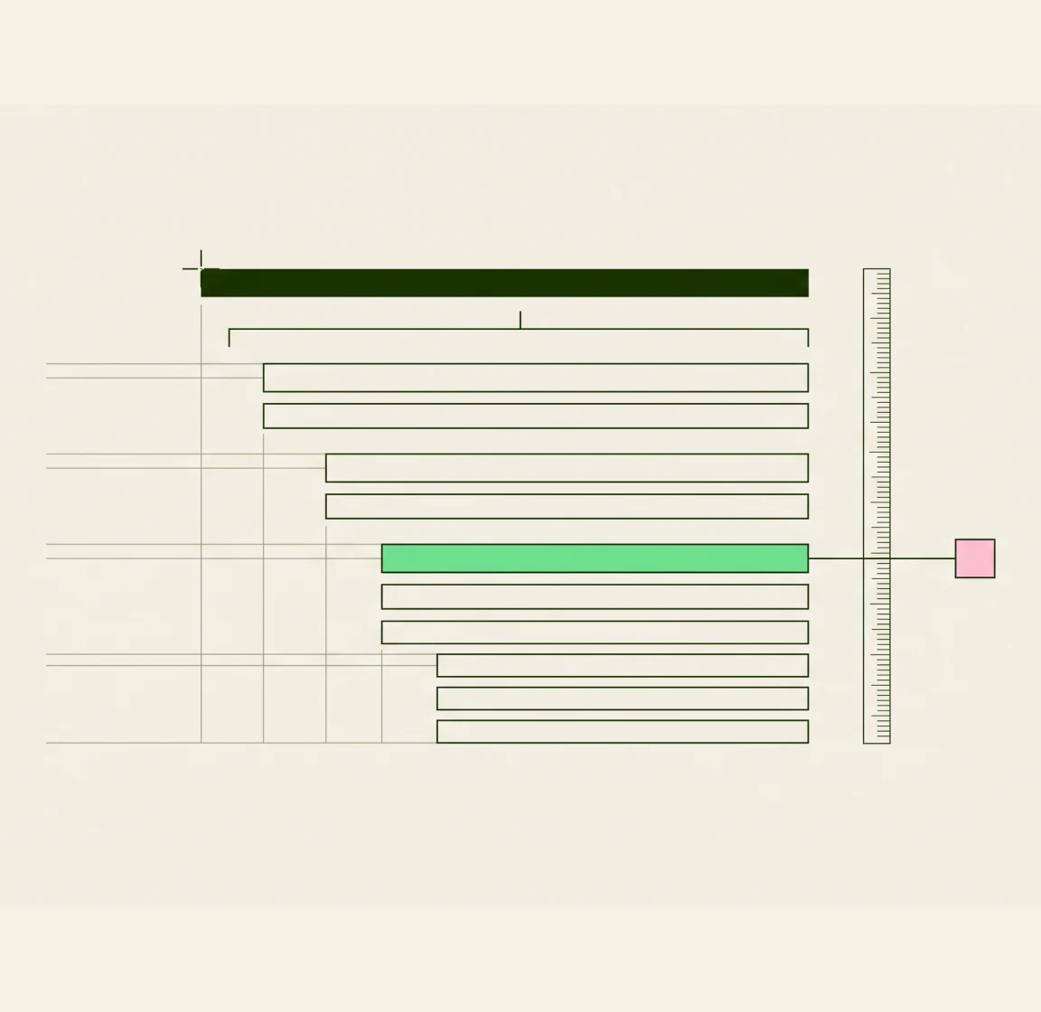 Blueprint illustration of stacked horizontal bars, one highlighted green, beside a measurement ruler