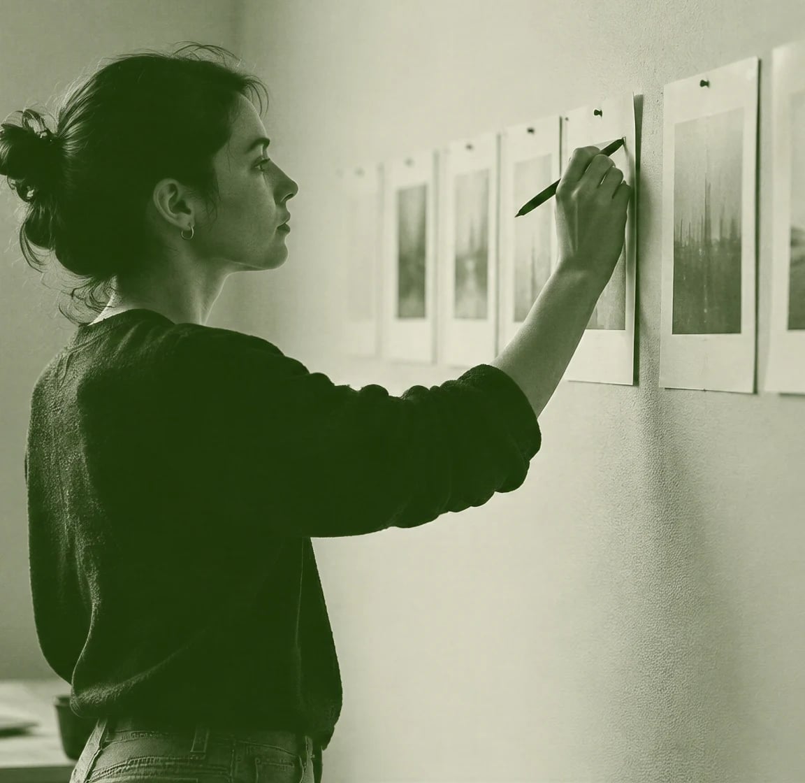 Person marking up a row of printed photographs pinned along a studio wall