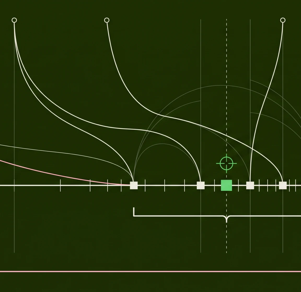 Dark blueprint illustration of curved lines converging on a baseline
