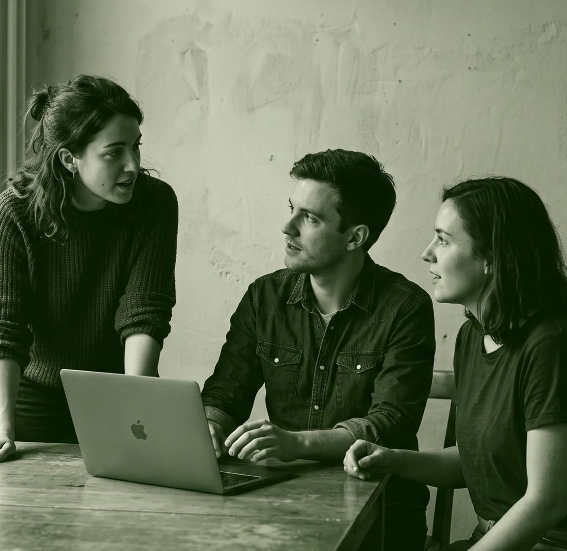 Three people talking around a table by a window, in green duotone