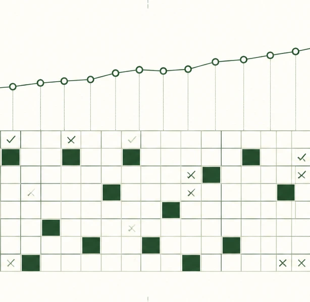 Blueprint chart of a rising citation trend line above a grid of checks and crosses