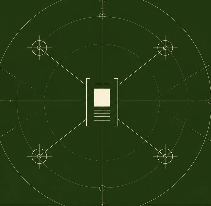 Dark radar-style blueprint with a document at its center