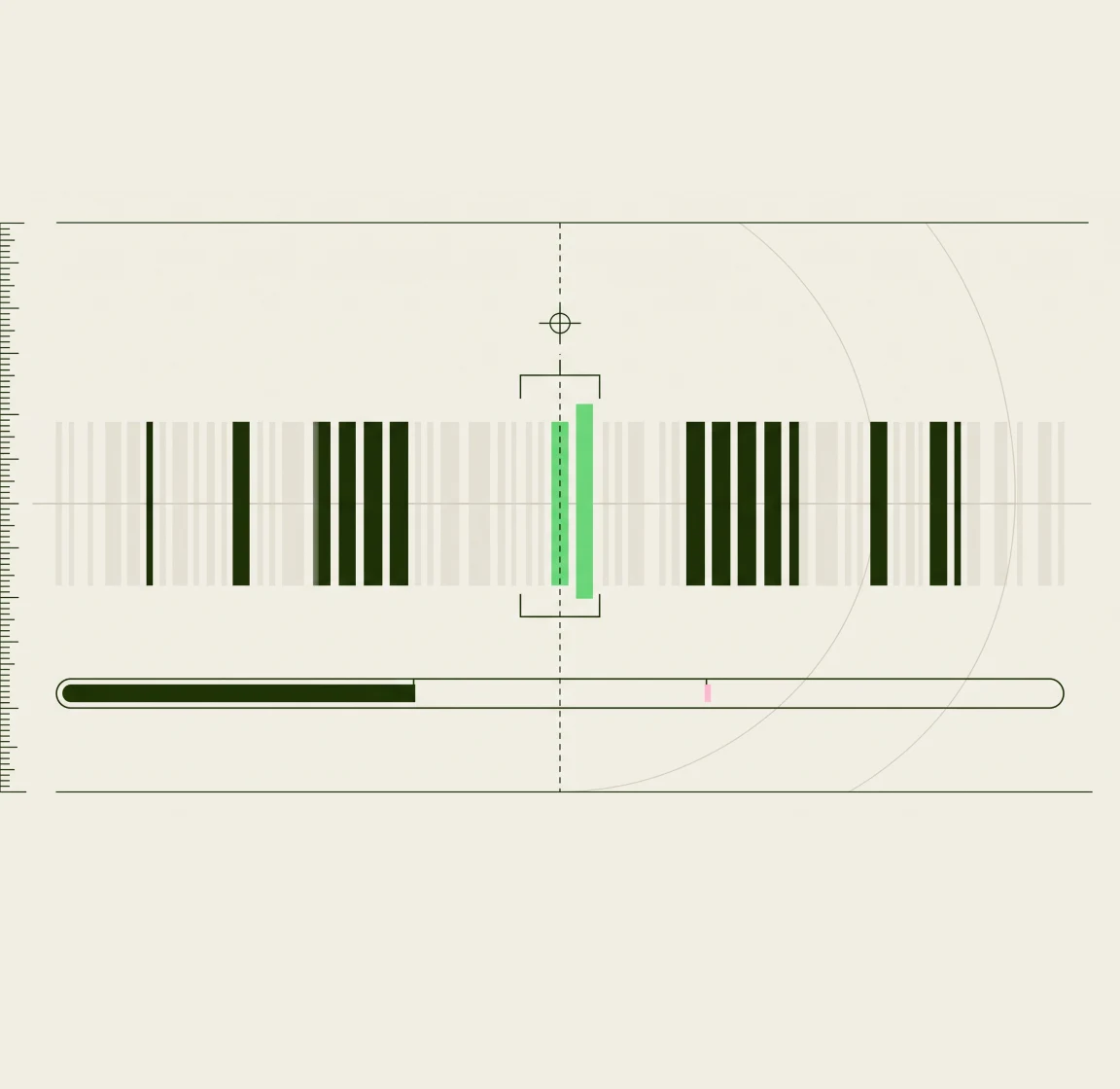 Blueprint illustration of a barcode-like row of bars under a measurement bracket and slider