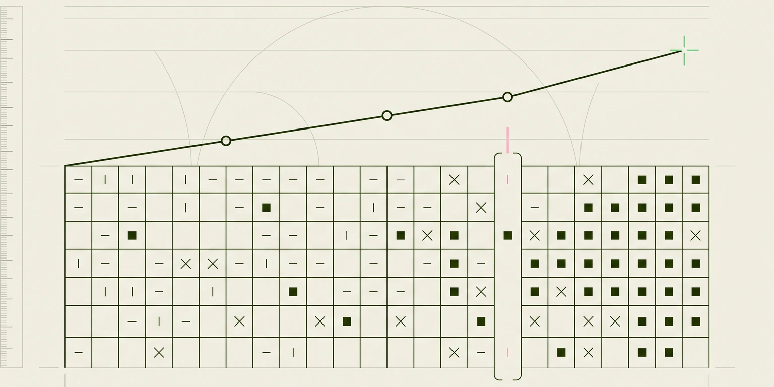 Blueprint chart of a rising trend line above a grid of checks, crosses and squares