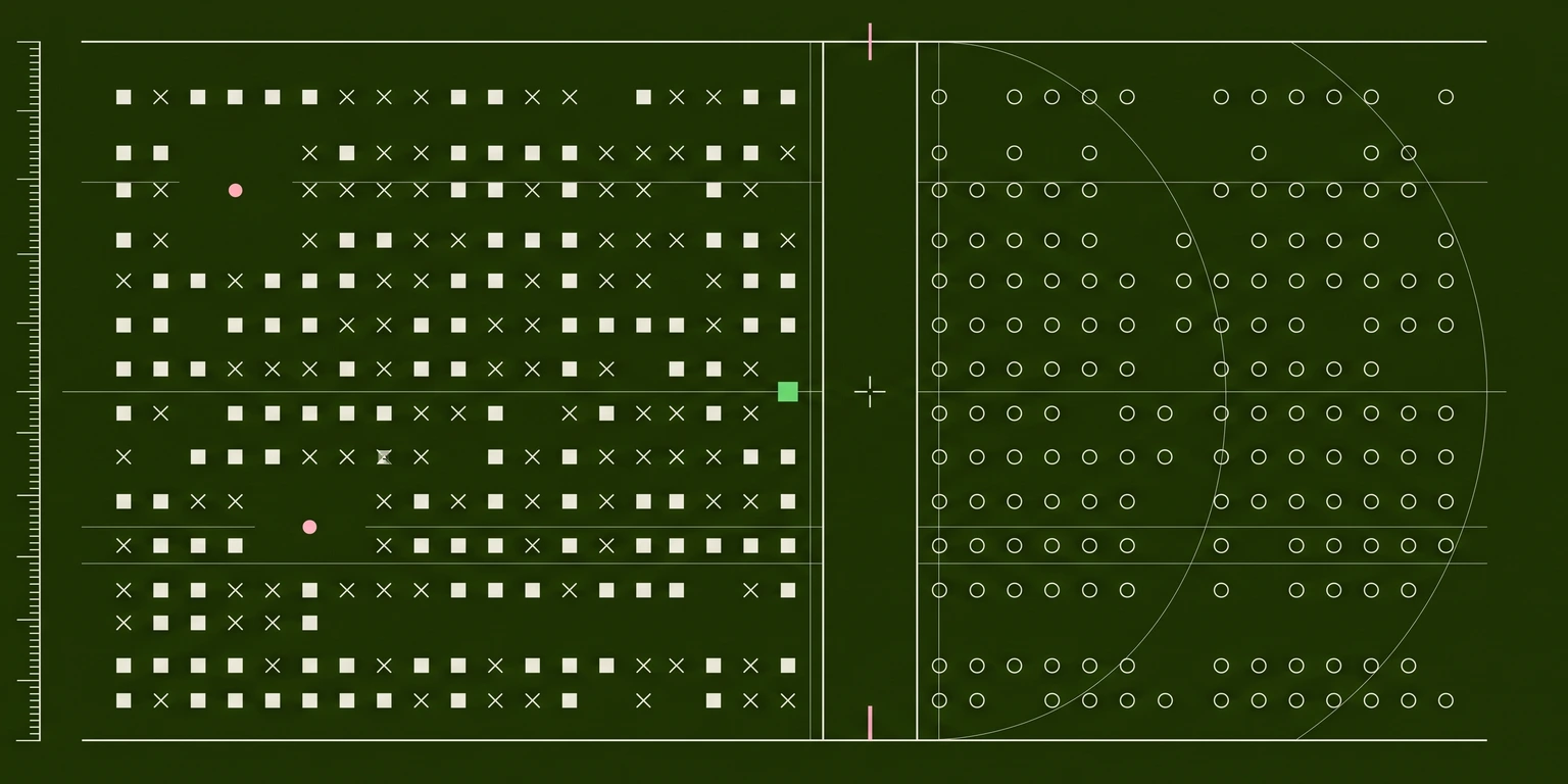 Dark blueprint grid of dots, crosses and squares with one cell highlighted green