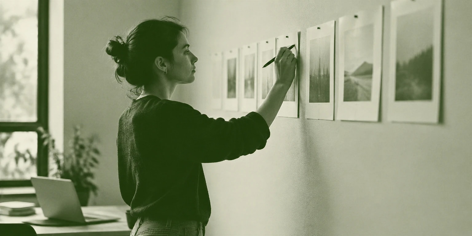 Person marking up a row of printed photographs pinned along a studio wall
