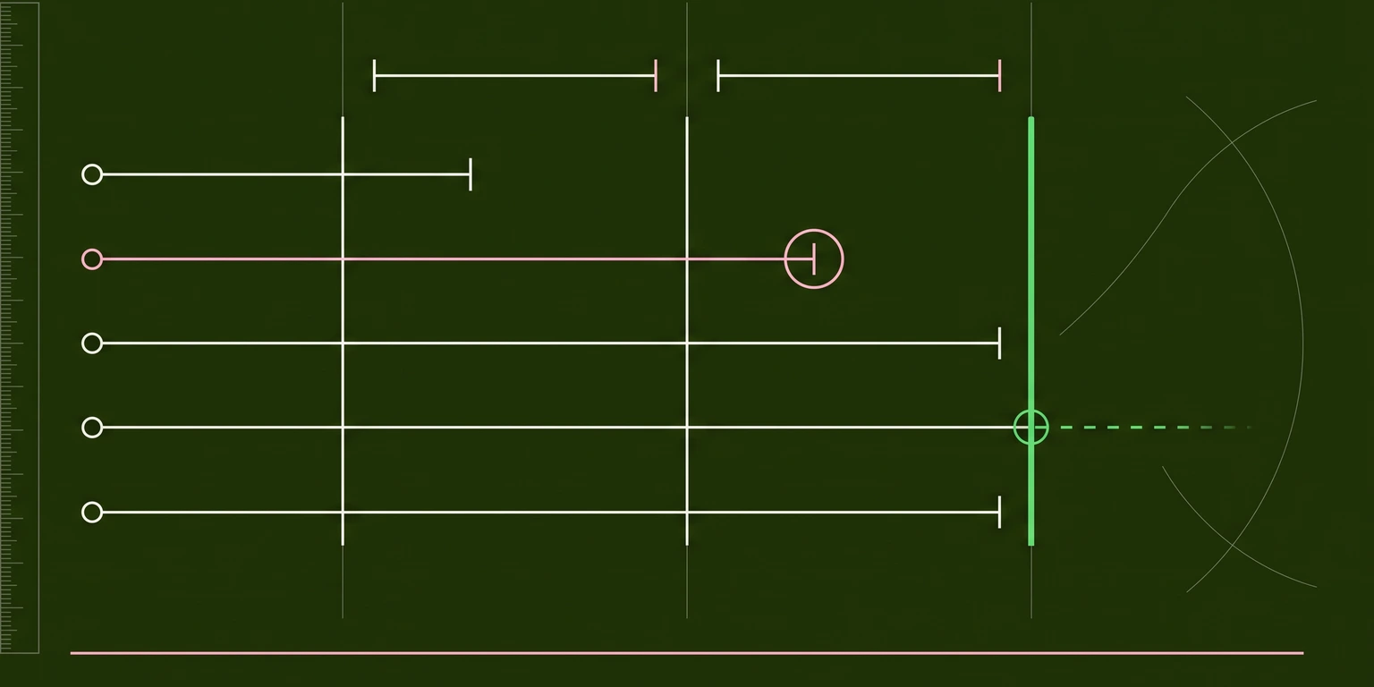 Blueprint diagram of horizontal tracks with circular markers and a highlighted vertical line
