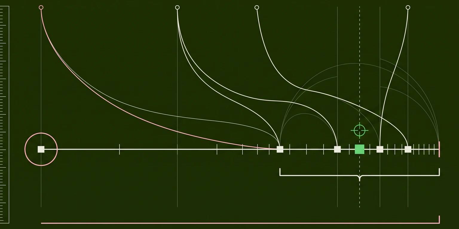 Dark blueprint illustration of curved lines converging on a baseline
