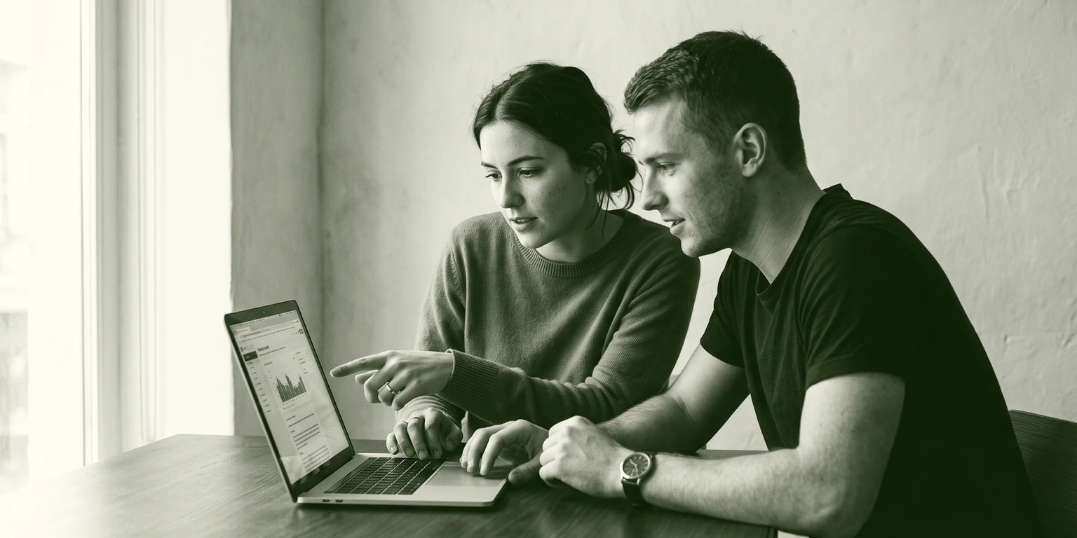 Two people reviewing a laptop together, in green duotone