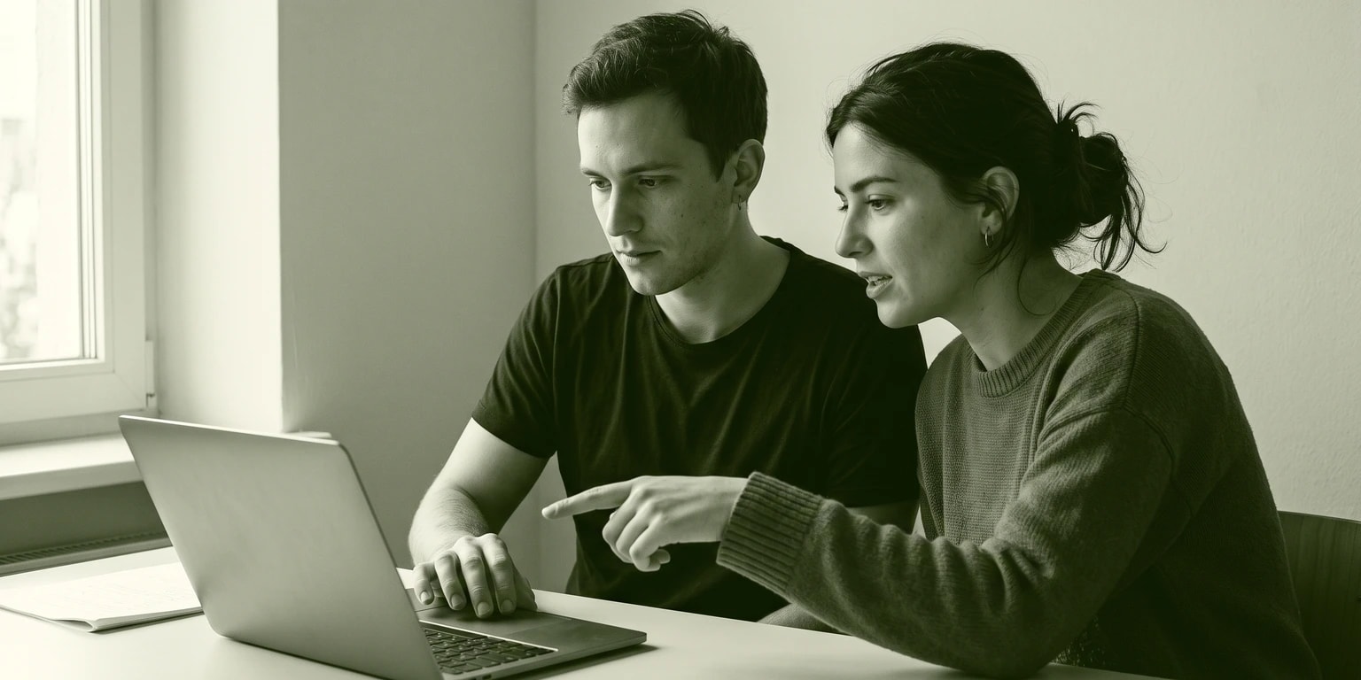 Two people at a laptop, one pointing at the screen, in green duotone