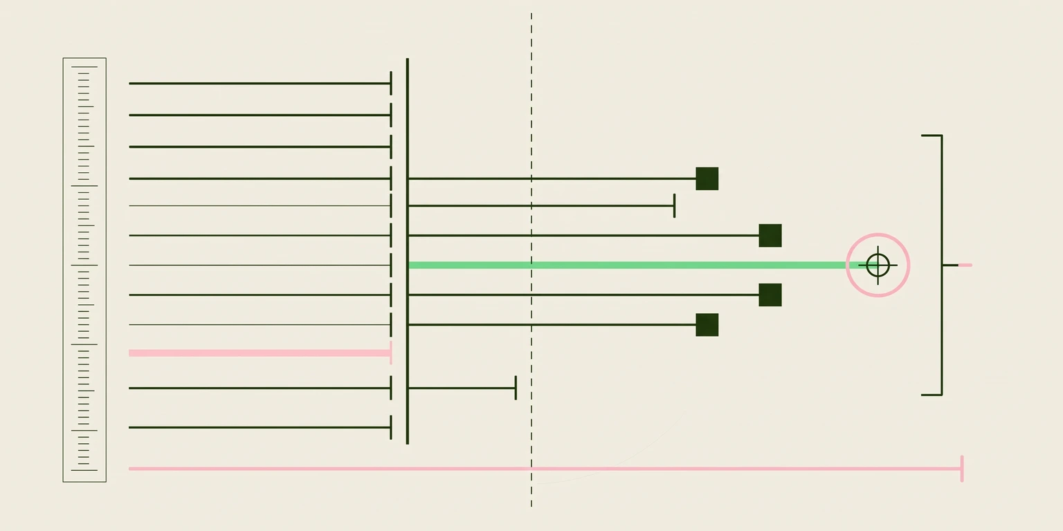 Blueprint diagram of stacked horizontal bars ending in square markers, one highlighted green