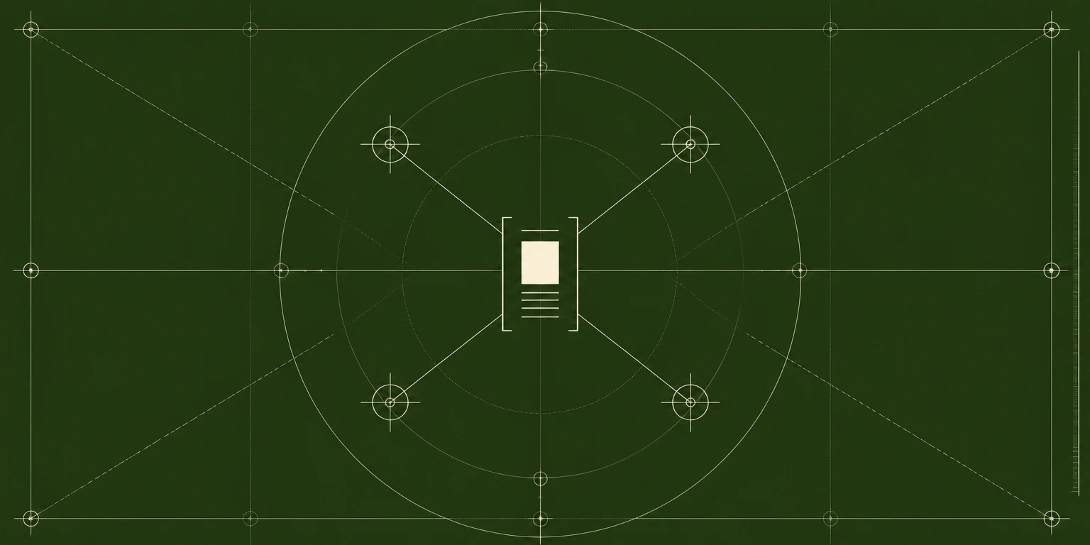 Dark radar-style blueprint with a document at its center