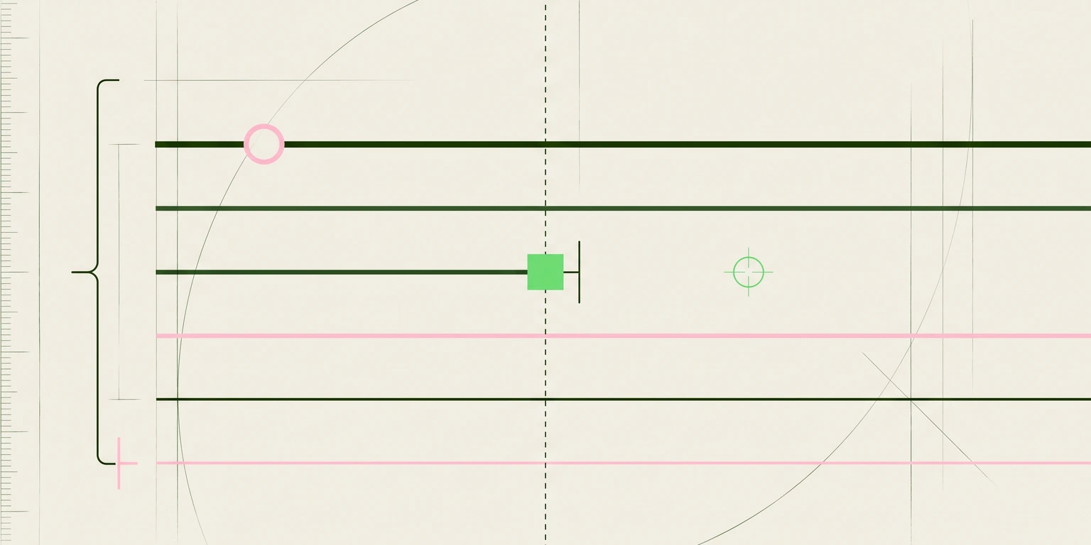 Blueprint diagram of horizontal lines grouped by a bracket, with a pink circle marker and a green square marker