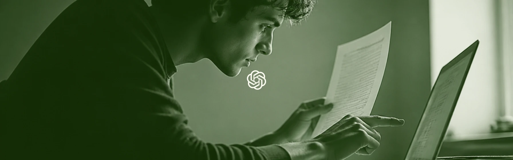 Person reading a printed page in front of a laptop
