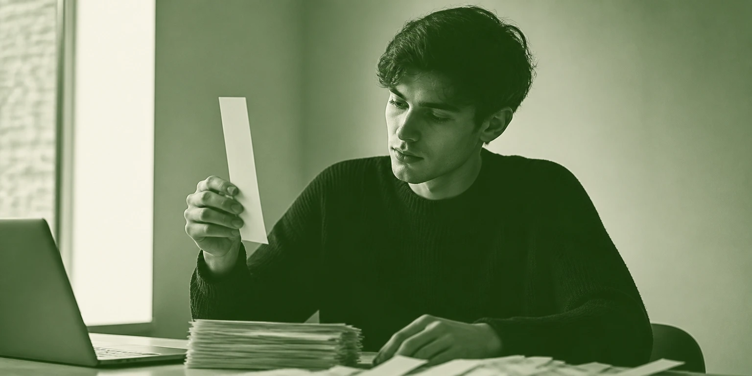 Person at a desk reading a printed strip of paper next to a laptop