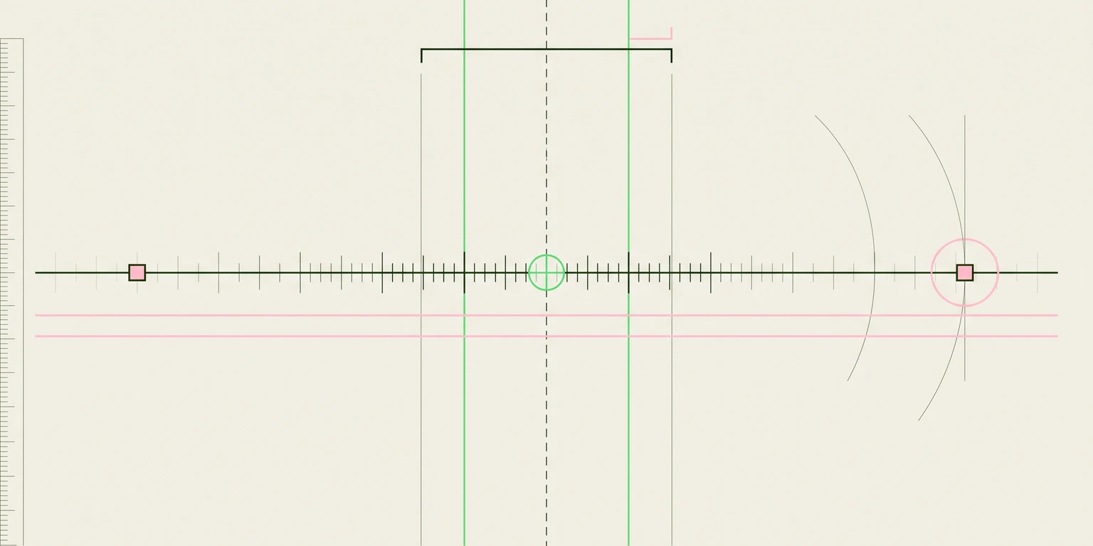 Blueprint illustration of a horizontal ruler with a highlighted circular marker