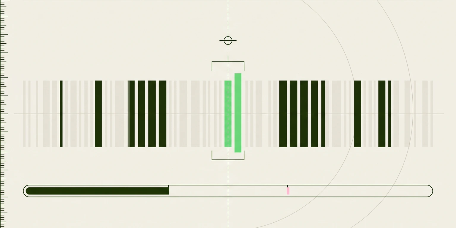 Blueprint illustration of a barcode-like row of bars under a measurement bracket and slider