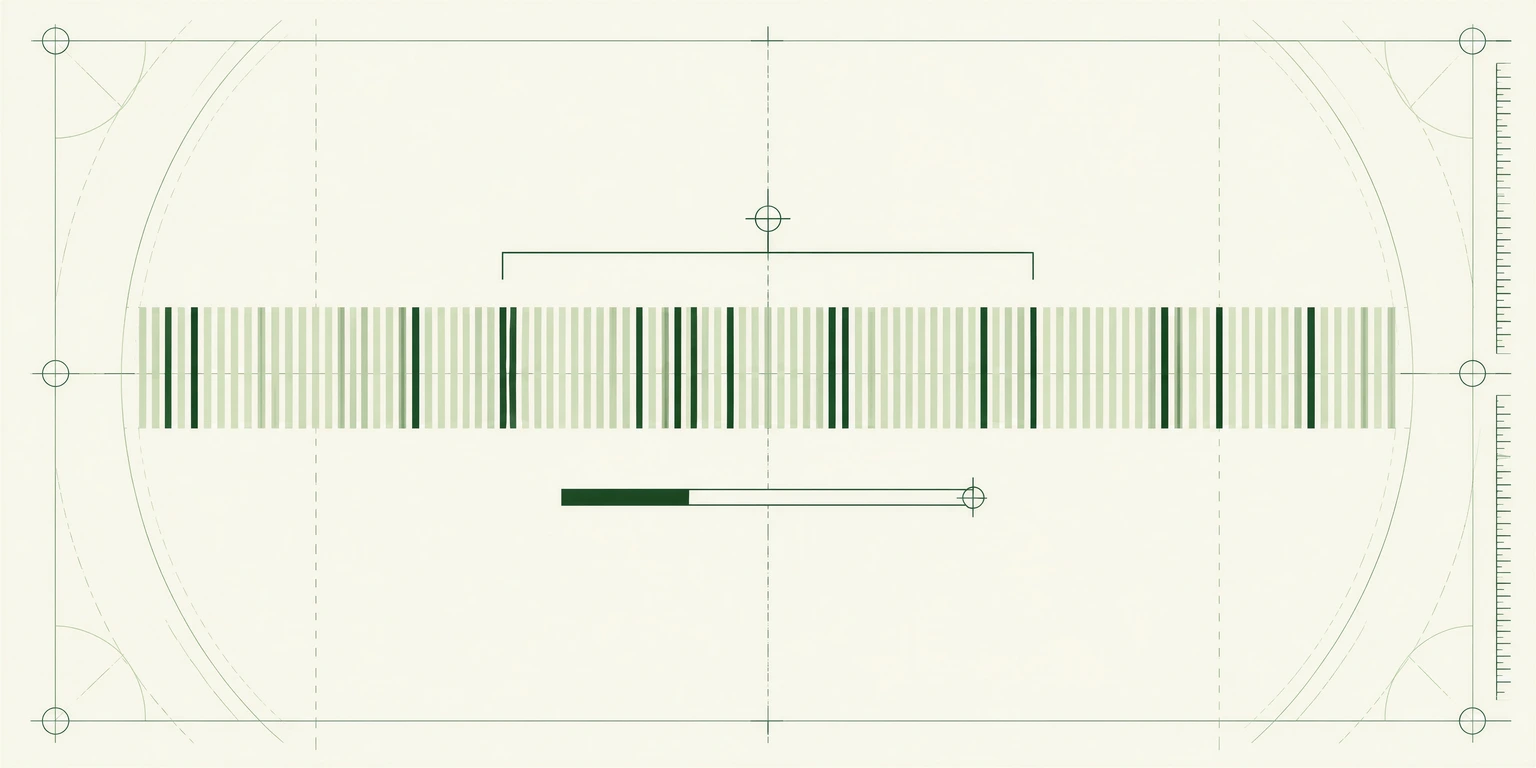 Blueprint illustration of a barcode-like row of bars under a measurement bracket and slider