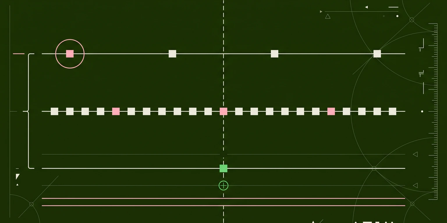 Dark blueprint illustration of rows of square markers along horizontal lines split by a dashed center line
