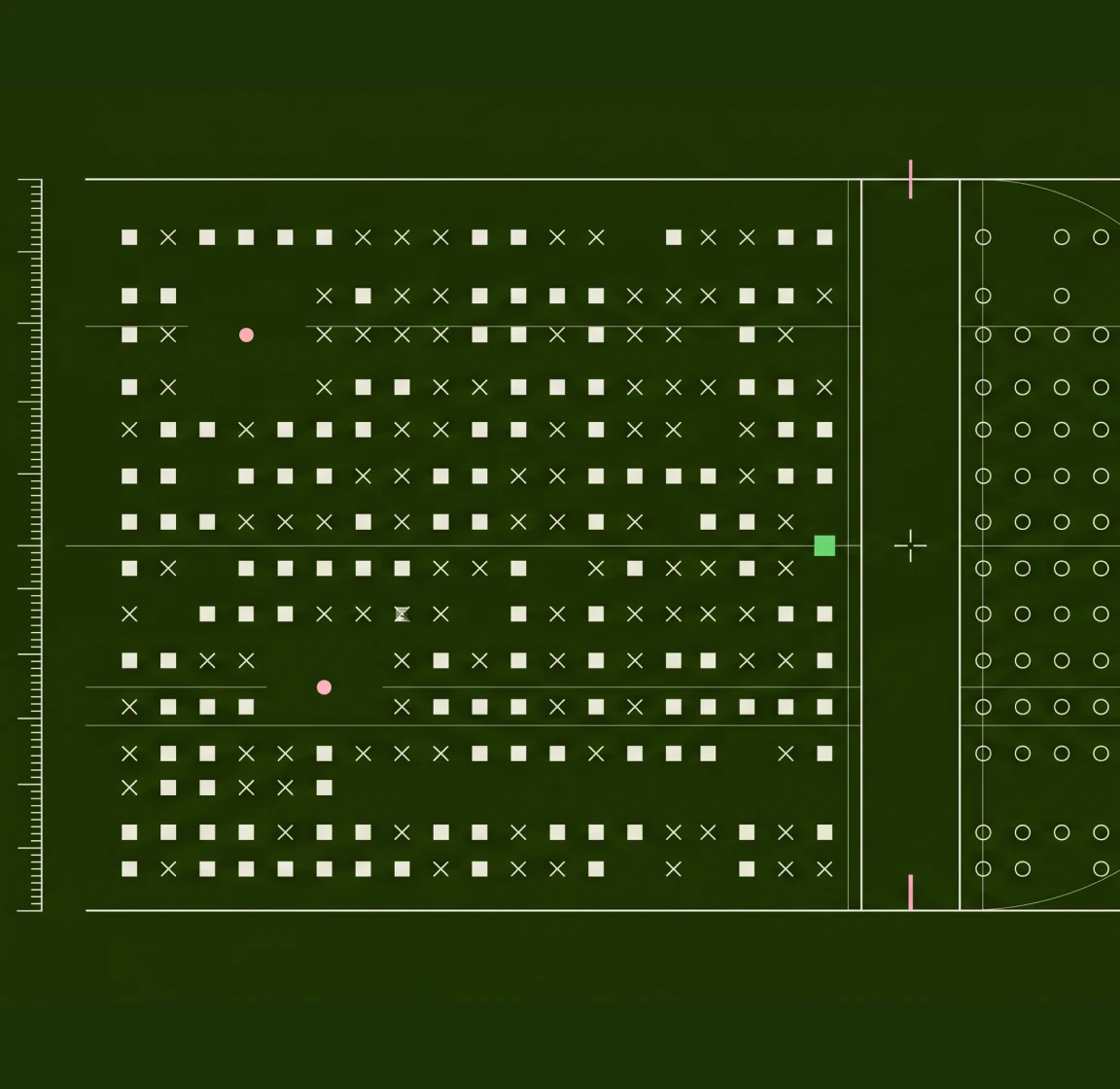 Dark blueprint grid of dots, crosses and squares with one cell highlighted green
