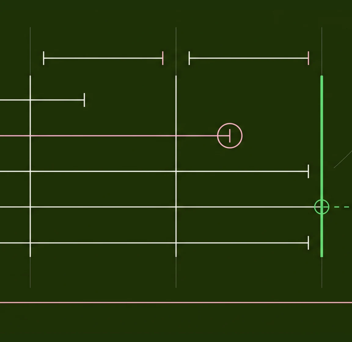 Blueprint diagram of horizontal tracks with circular markers and a highlighted vertical line