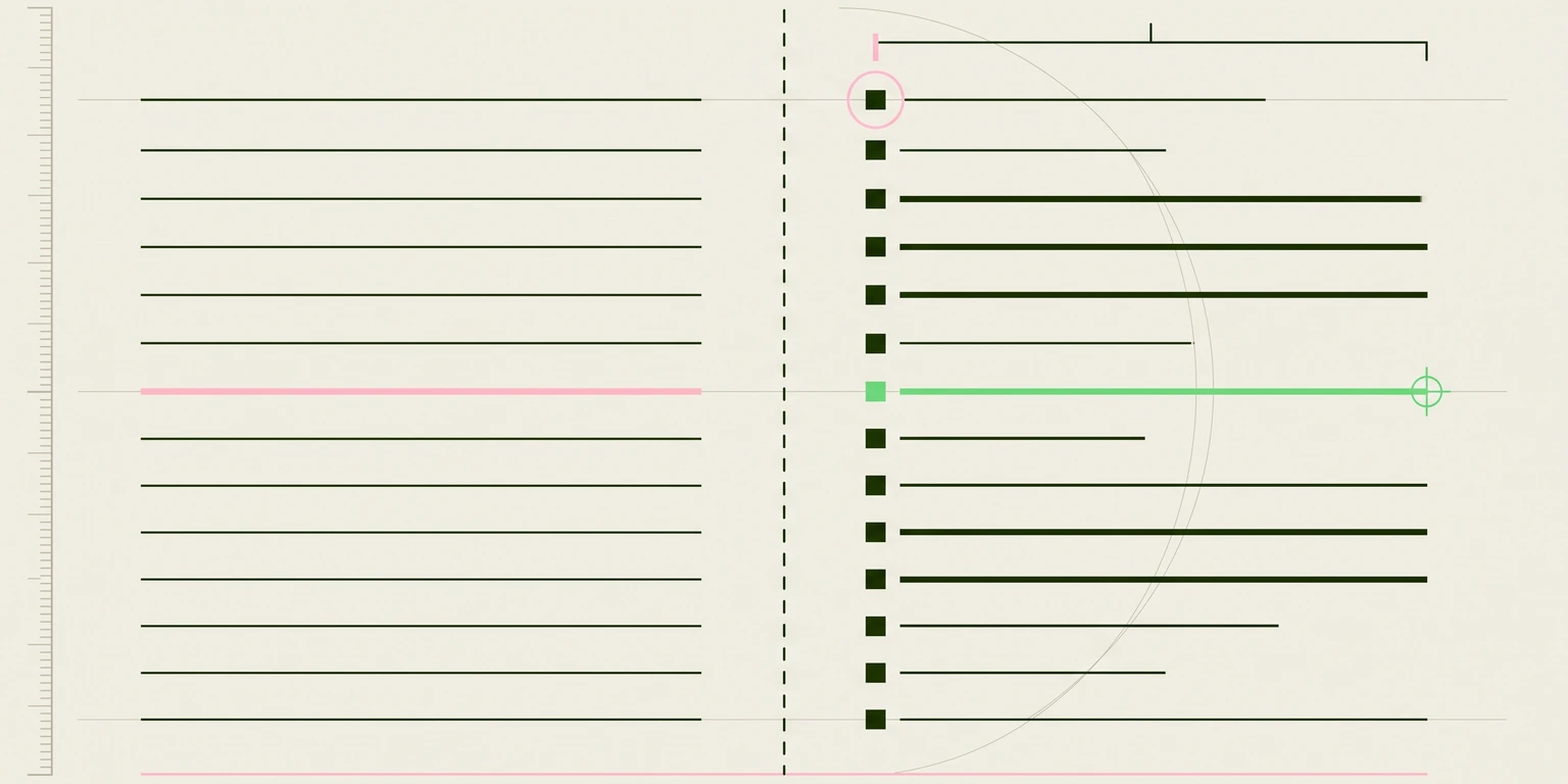 Blueprint wireframe of a page built from stacked lines with a checklist column