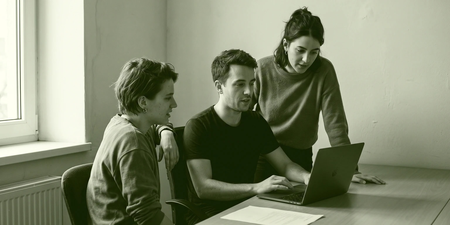 Three people gathered around a laptop at a table, in green duotone