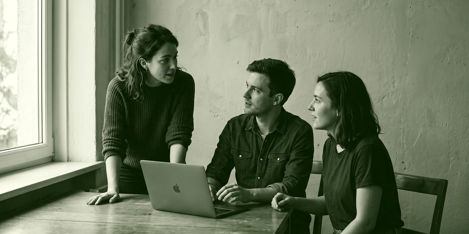 Three people talking around a table by a window, in green duotone