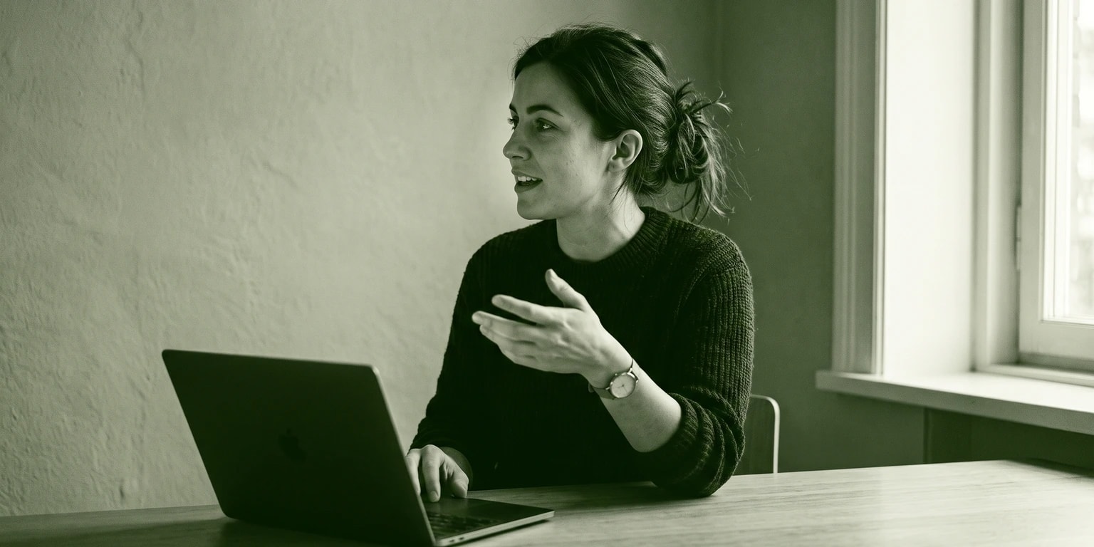Person gesturing while speaking at a table, in green duotone