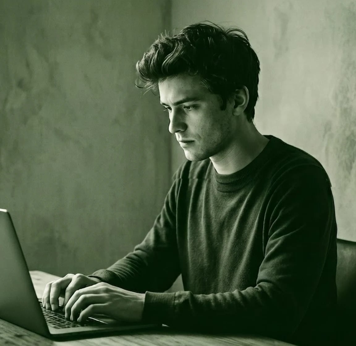 Person at a window looking down at a laptop, in green duotone
