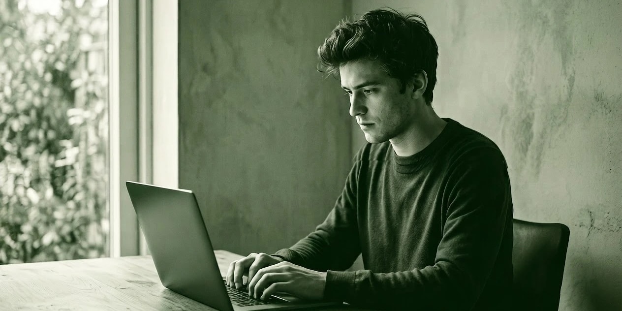 Person at a window looking down at a laptop, in green duotone