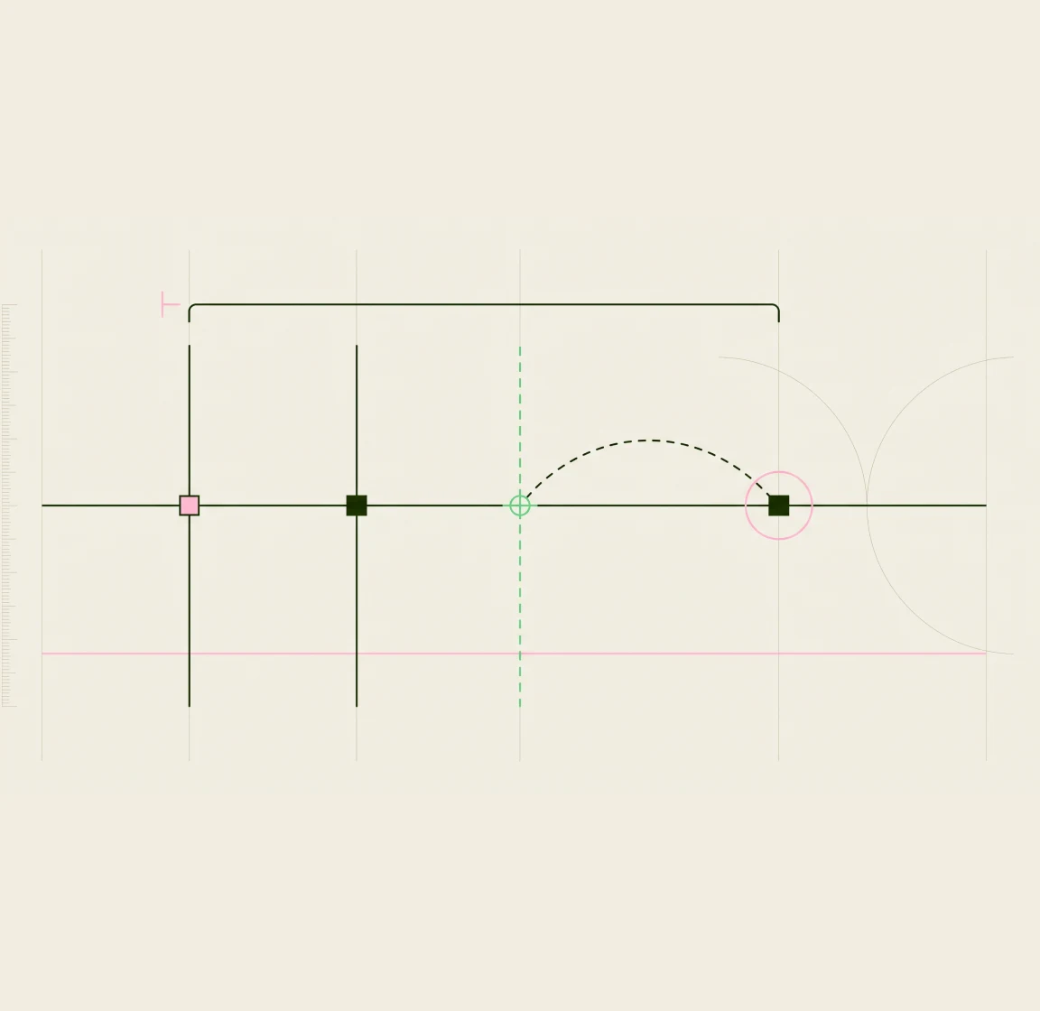 Blueprint diagram of a timeline with square markers and a dashed arc