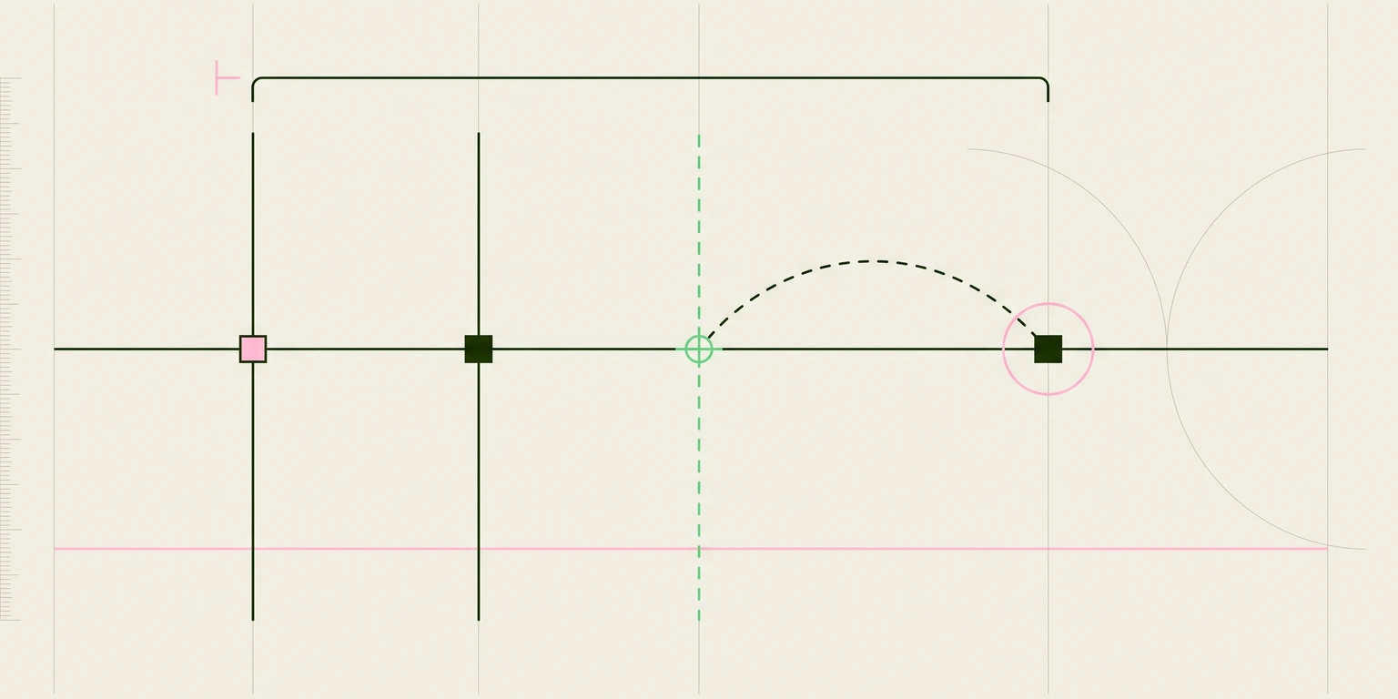 Blueprint diagram of a timeline with square markers and a dashed arc