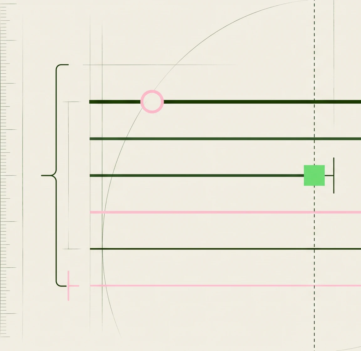 Blueprint diagram of horizontal lines grouped by a bracket, with a pink circle marker and a green square marker