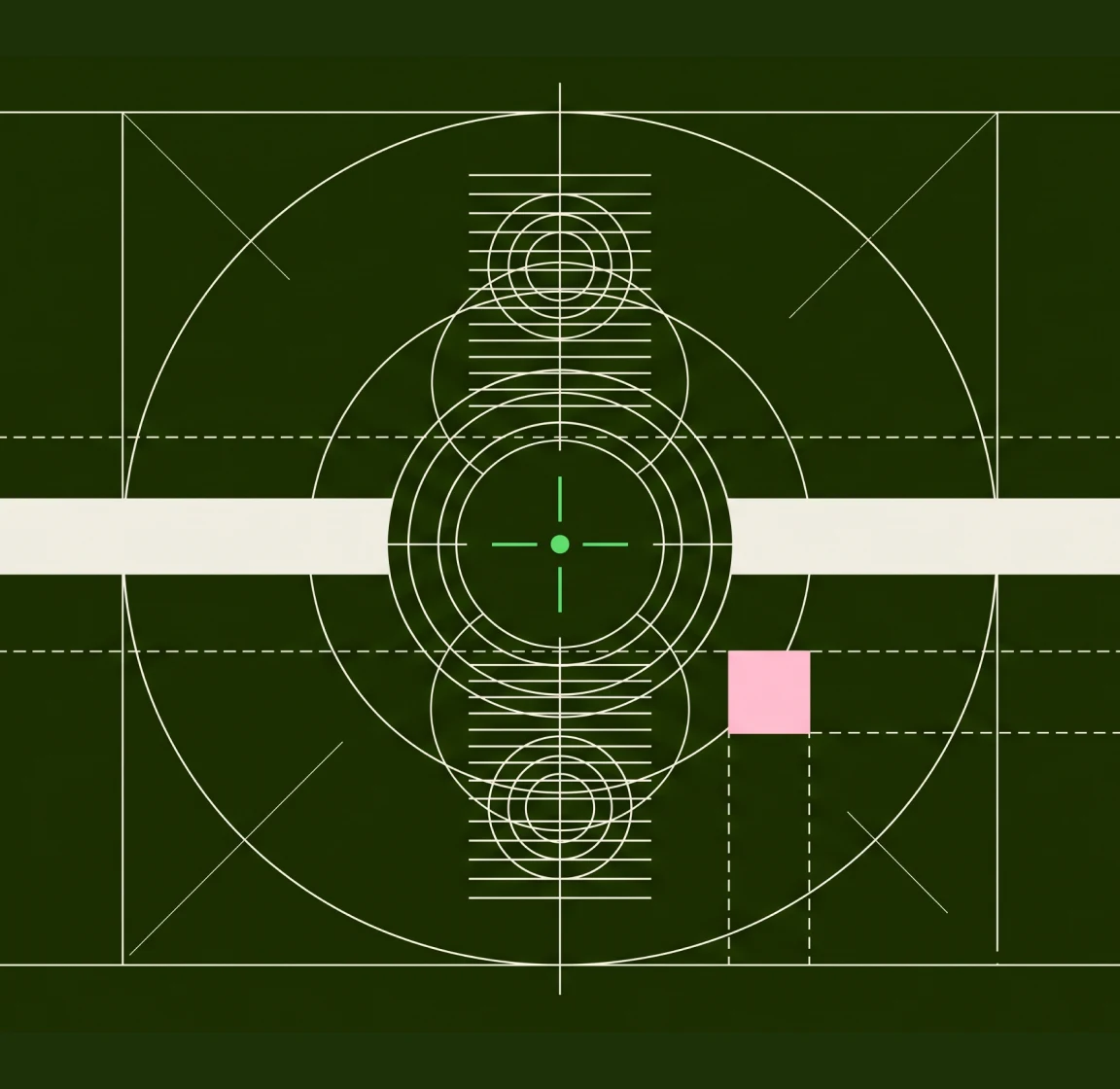 Dark blueprint illustration of concentric target rings crossed by a horizontal band