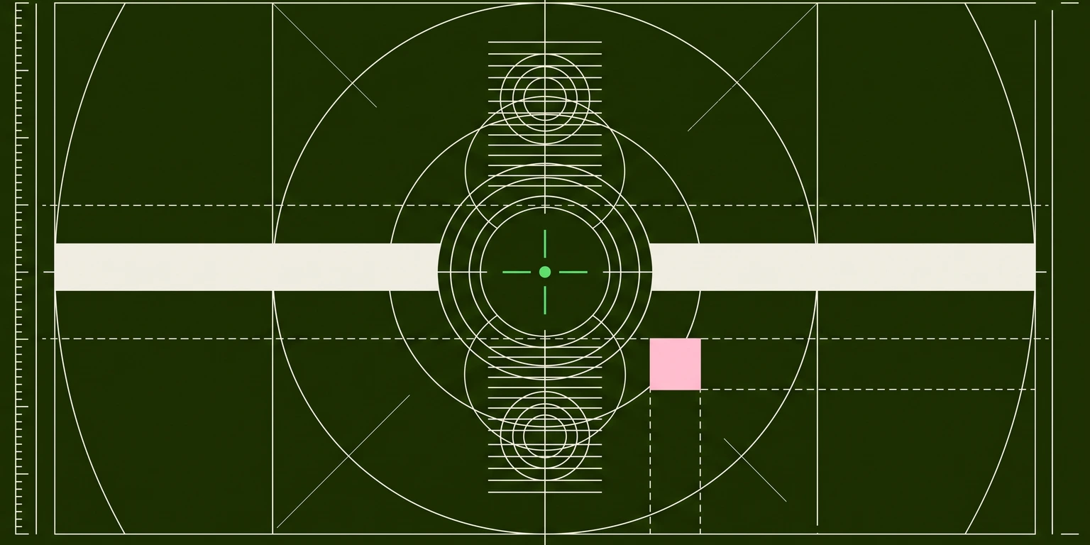 Dark blueprint illustration of concentric target rings crossed by a horizontal band