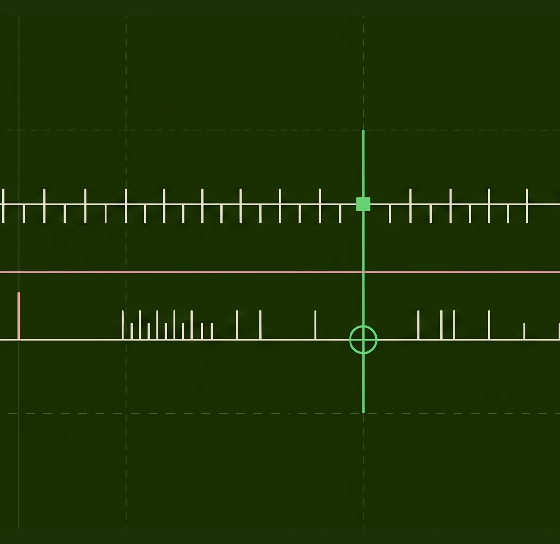 Dark blueprint illustration of two horizontal rulers with tick marks crossed by a highlighted vertical marker
