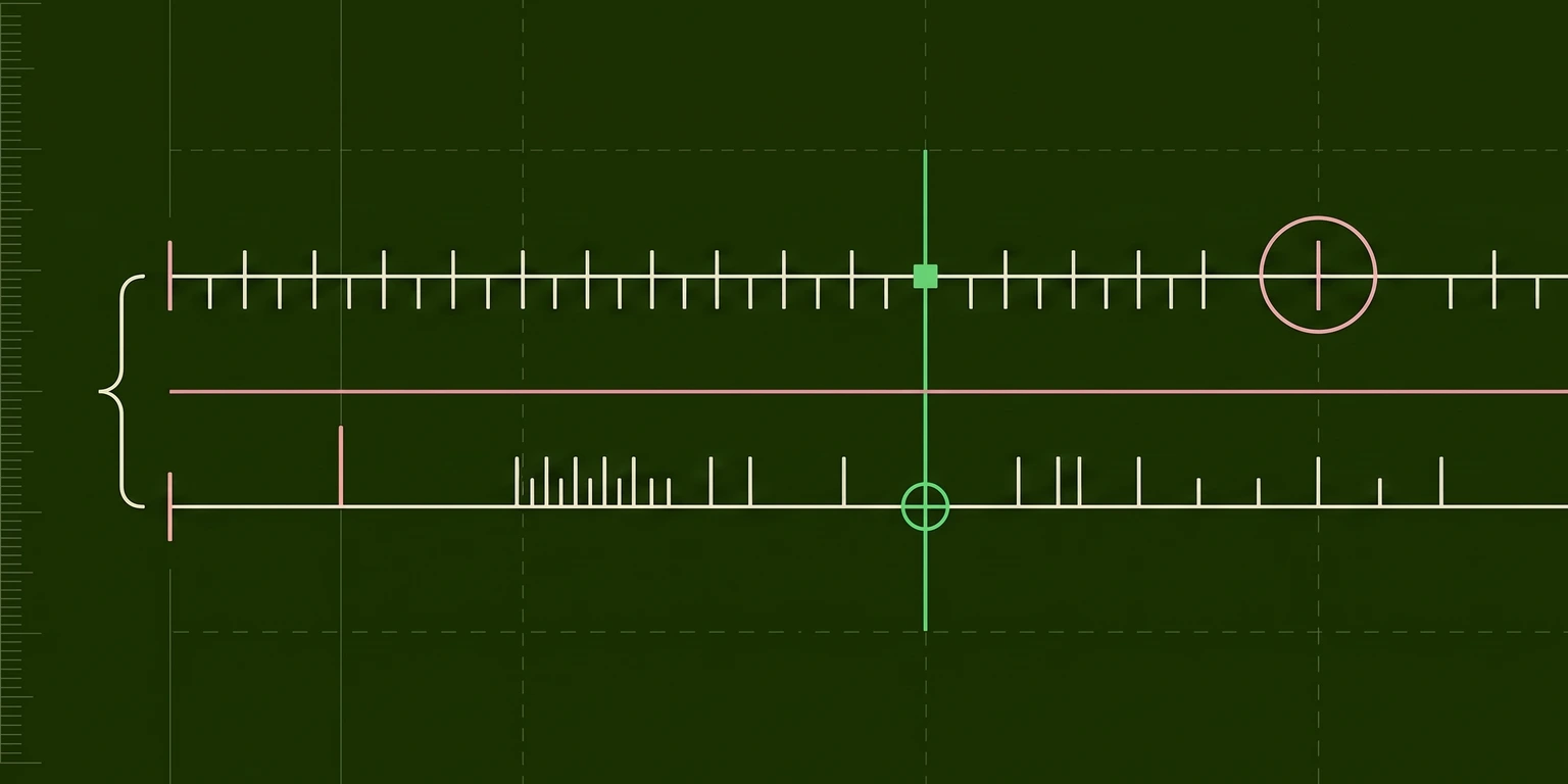 Dark blueprint illustration of two horizontal rulers with tick marks crossed by a highlighted vertical marker