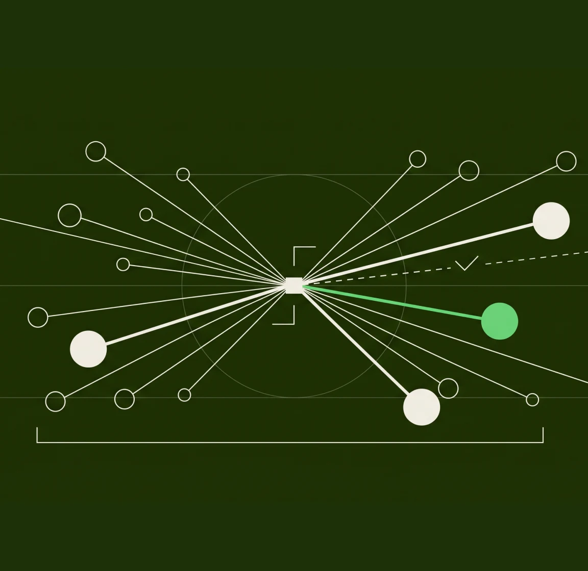 Dark blueprint illustration of lines radiating from a central node to scattered points