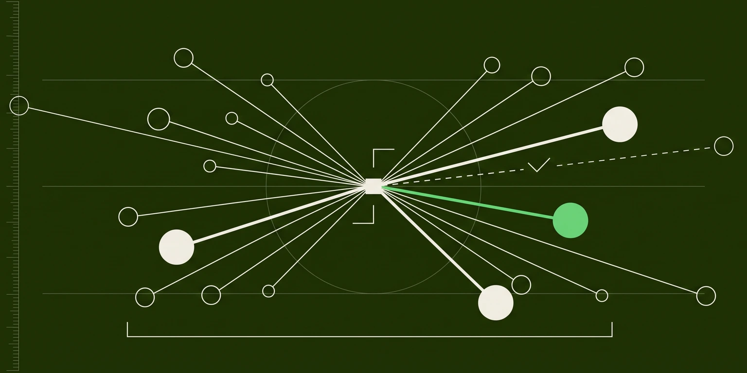 Dark blueprint illustration of lines radiating from a central node to scattered points