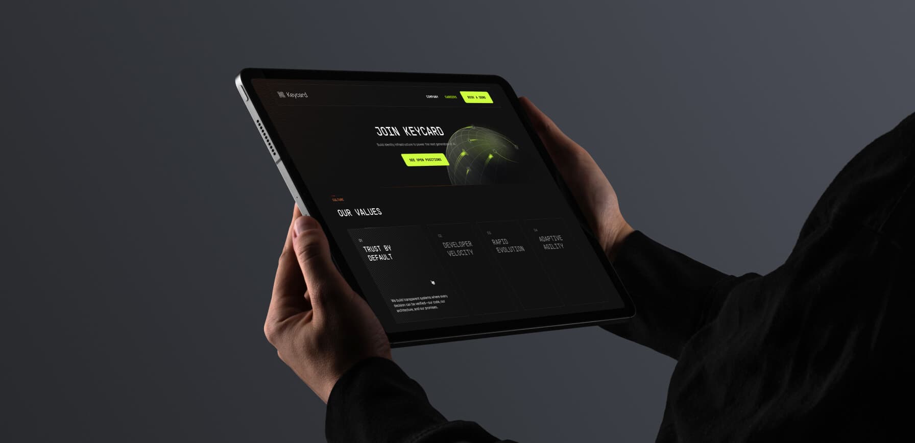 Keycard tablet our values screen