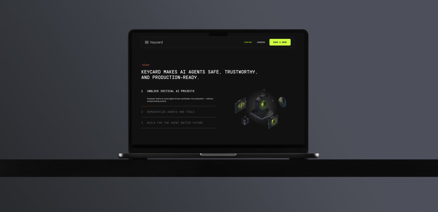 Keycard website mockup dark mode laptop