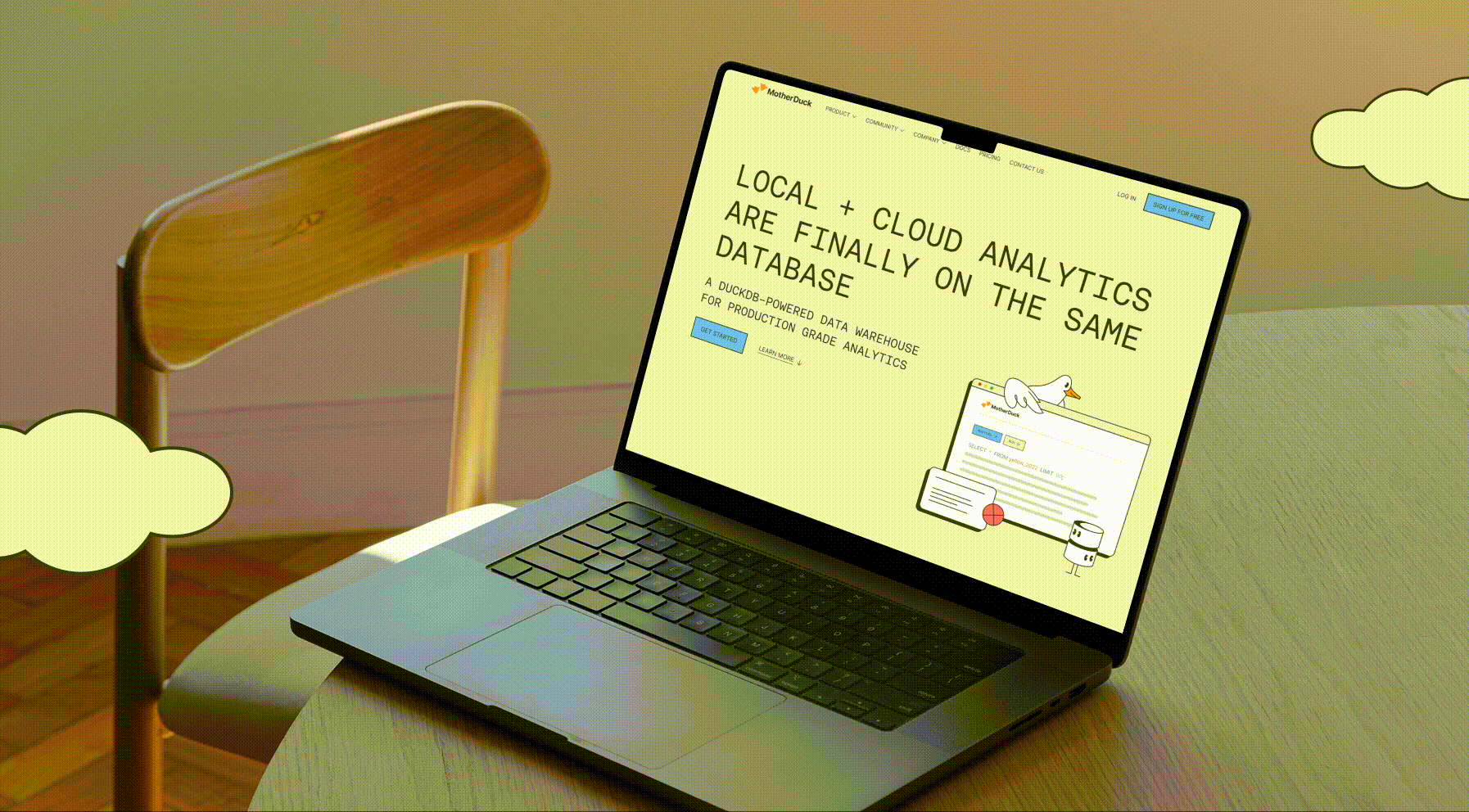 MotherDuck web homepage laptop