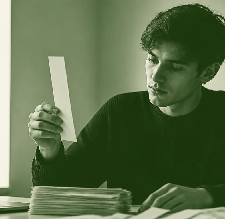 Person at a desk reading a printed strip of paper next to a laptop