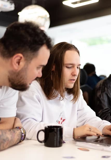 Team members collaborating indoors